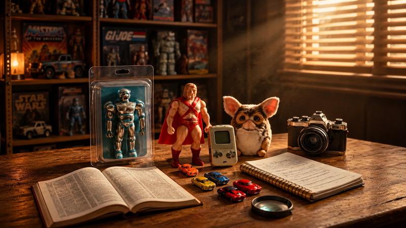 vintage toys from the 80's and 90's siting on a wooden table. Toys include action figures, furbies, a camers and a gameboy