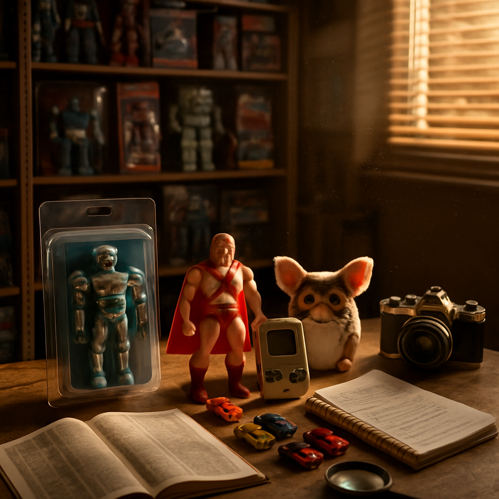 a wooden table with collectable action figures and toys from the 80's and 90's