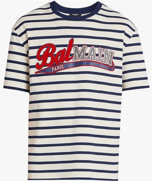 Balmain Marinière Striped Baseball Logo T-Shirt
