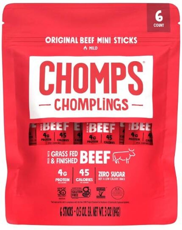CHOMPS MINI Grass Fed Beef Jerky Meat Snack Sticks 0.5 Oz, Original Beef (Pack of 6)
