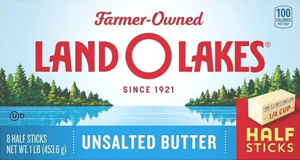 Land O Lakes Unsalted Butter in Half Sticks, Made with Sweet Cream, 8 half sticks, 1 lb pack