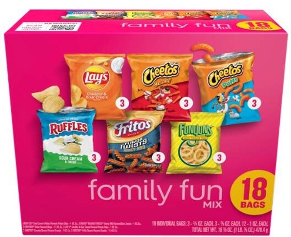 Frito-Lay Snacks Family Fun Mix Chips Variety Pack, Ruffles, Fritos, Cheetos, Lay's, Funyuns,18 Count(Pack of 1)(Assortment May Vary)