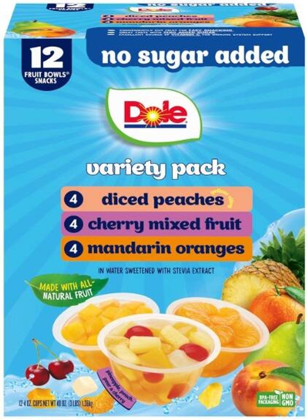 Dole Diced Peaches, Mandarin Oranges, and Cherry Mixed Fruit with No Sugar Added Variety Pack - Dole Fruit Bowls Snacks - 4 oz Bowls - 12 Pack