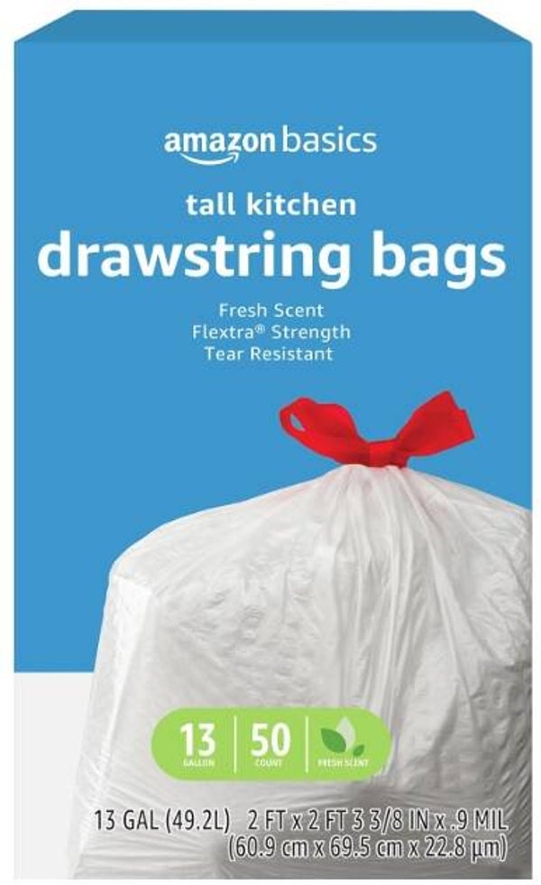 Amazon Basics Flextra Tall Kitchen Drawstring Trash Bags, Fresh Scent, Tear Resistant, 13 Gallon, 50 Count, Pack of 1