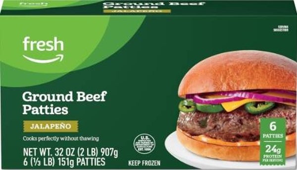 Amazon Fresh Brand, Ground Beef Patties, Jalapeno, 2 Lb (6 Count)
