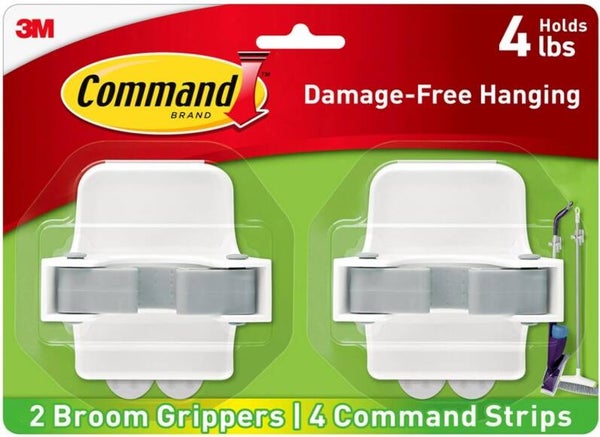 Command Broom and Mop Grippers, 2 Hangers and 4 Command Strips, Damage-Free Hanging Wall Mount Broom and Mop Holder