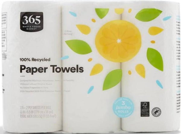 365 by Whole Foods Market, 100% Recycled Jumbo Paper Towels, Ultra-Strong, 135 Sheets per Roll, 3 Count