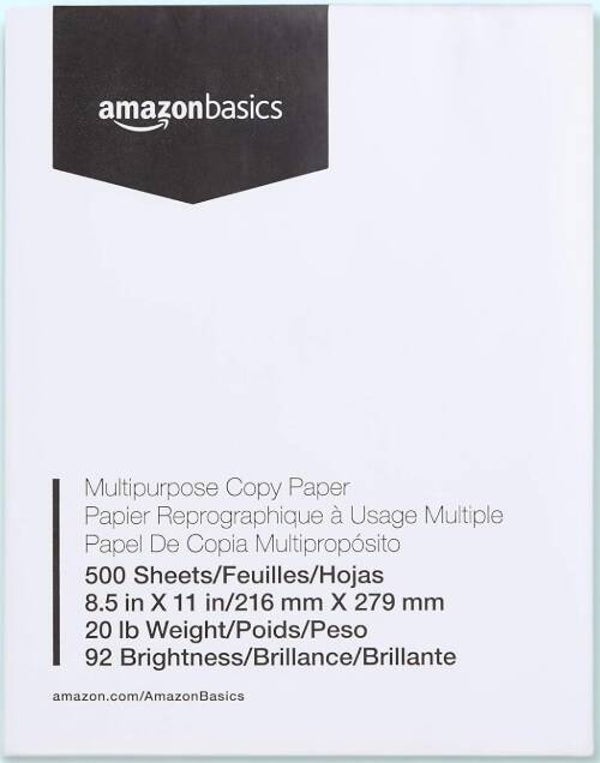 Amazon Basics Multipurpose Copy Printer Paper, 8.5 x 11 Inches, 20 lb, 1 Ream, (500 Sheets), 92 Bright, White
