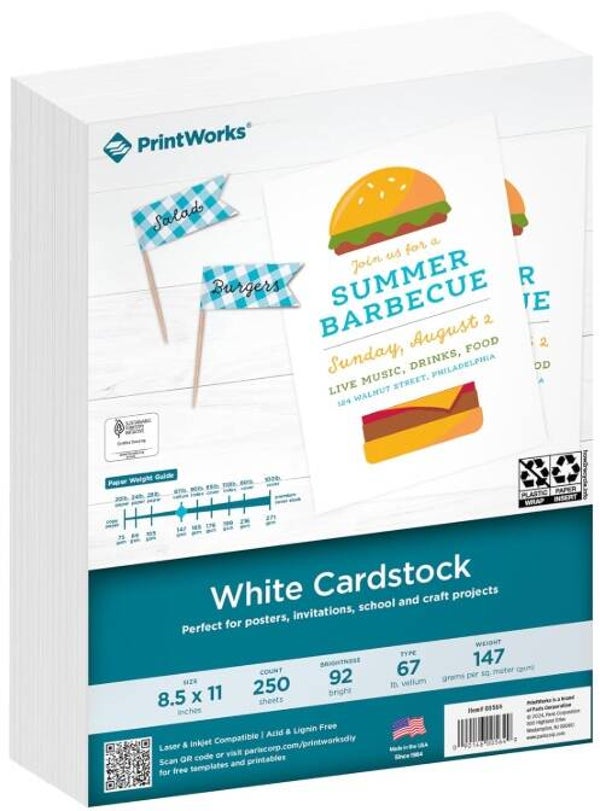 PrintWorks White Cardstock 8.5" x 11" - 67 lb/147 gsm Vellum Bristol - 250 Sheets - Made in the USA - SFI® Certified - 92 Bright - Card Stock Printer Paper for School, Craft, & Office Use