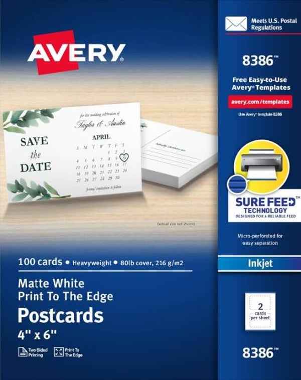 Avery Printable Postcards with Sure Feed Technology, 4" x 6", Matte White, 100 Blank Postcards for Inkjet Printers