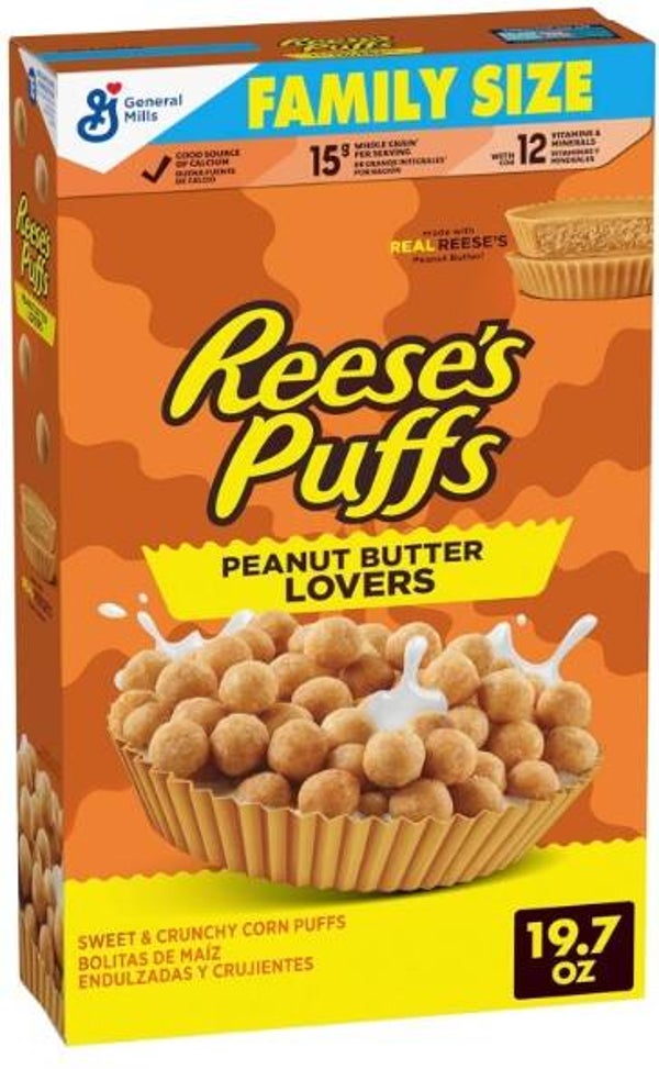 REESE'S PUFFS Peanut Butter Lovers Breakfast Cereal, Made with Whole Grain and Real REESE'S Peanut Butter, Family Size, 19.7 oz