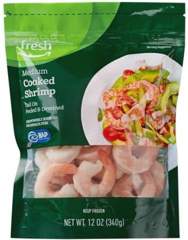 Amazon Fresh Brand, Cooked Medium Peeled & Deveined Tail On Shrimp, Frozen, Responsibly Sourced, Phosphate Free, 12 Oz, (41-50 Count/Pound),