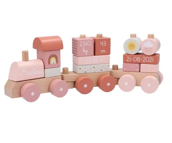 Houten trein met naam roze
