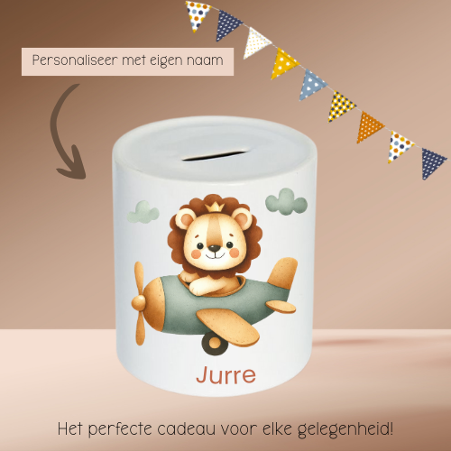 Spaarpot leeuw in het vliegtuig