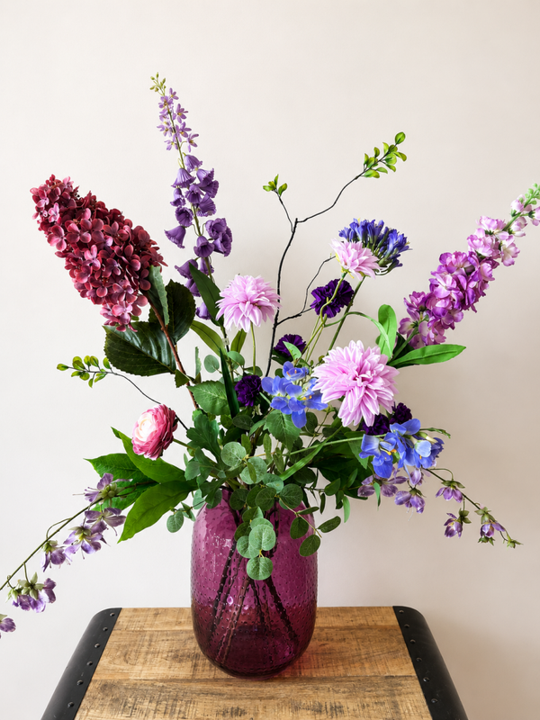 Paarse bubbelvaas met kunstbloemen- complete set
