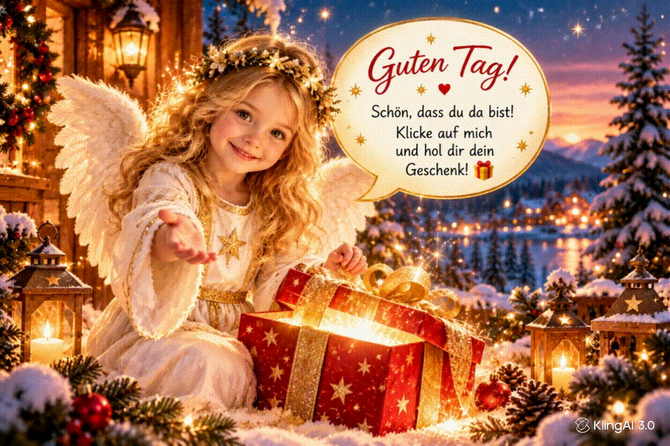 Weihnachtsengel öffnet das Geschenk