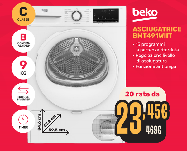 BEKO 9 KG MOD. BMT491WIIT ------------ 🔴 IN PROMO DA VOLANTINO + € 60 PER CONSEGNA MONTAGGIO⚠️AL MOMENTO NON DISPONIBILE, IN ARRIVO AL FORNITORE