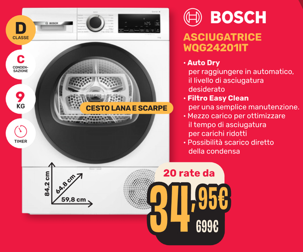 BOSCH 9 KG MOD. WQG24201IT------------ 🔴 IN PROMO DA VOLANTINO + € 60 PER CONSEGNA MONTAGGIO