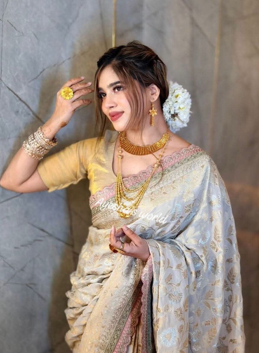 010926 Best Elegant Ivory Golden Designer khaddi Saree