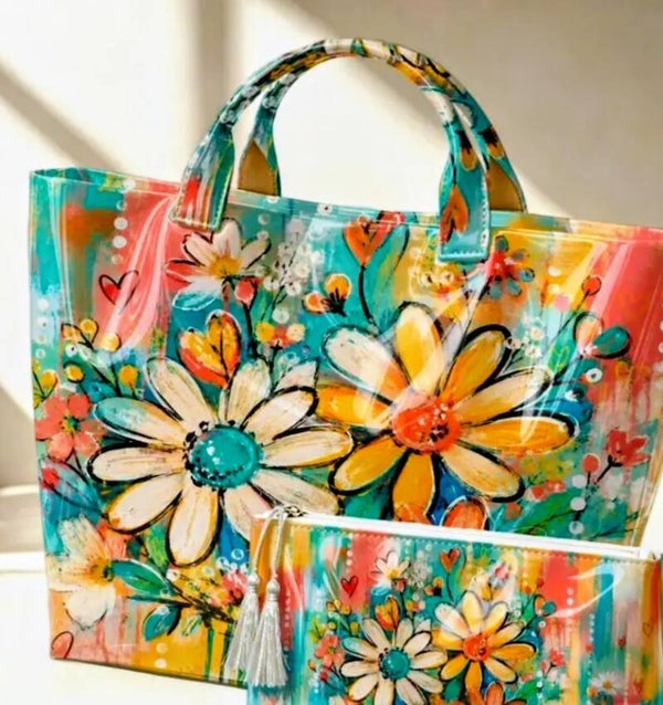 2 Pc Teal Floral Daisy Tote set