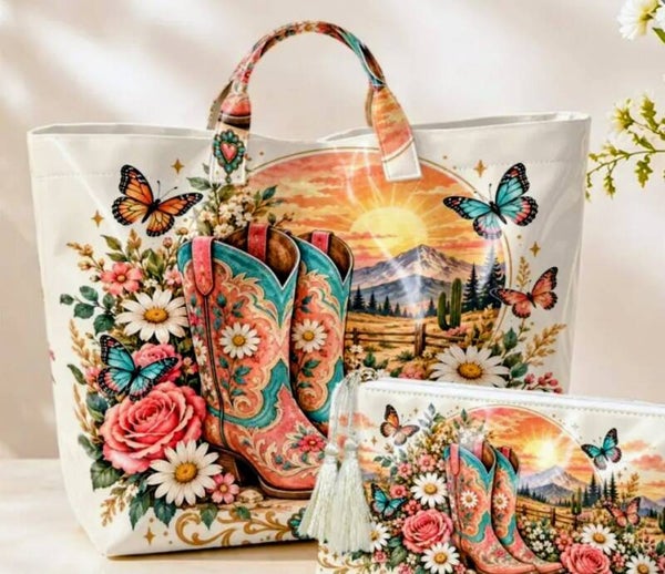 2Pc Pink Boots Tote set