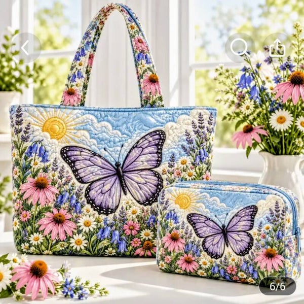 2 Pc Purple Butterfly Tote Set