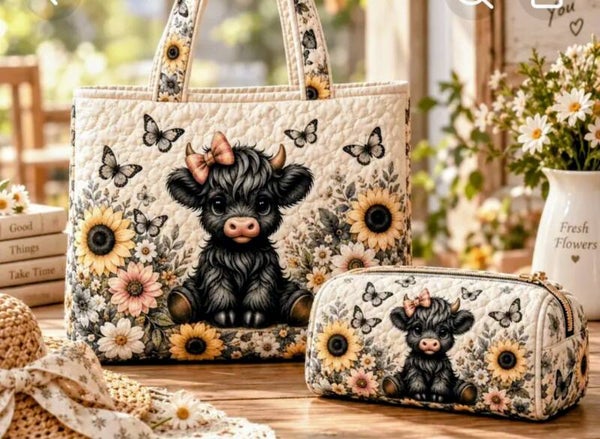 2 Pc Tan/Black Highland Cow Tote set