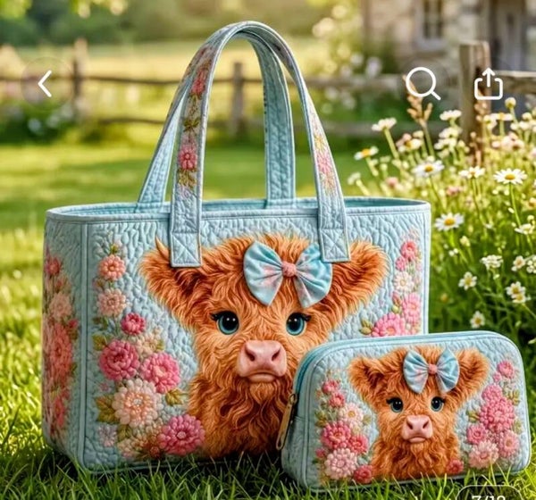 2Pc Lt Blue/Pink Highland Cow Tote sett