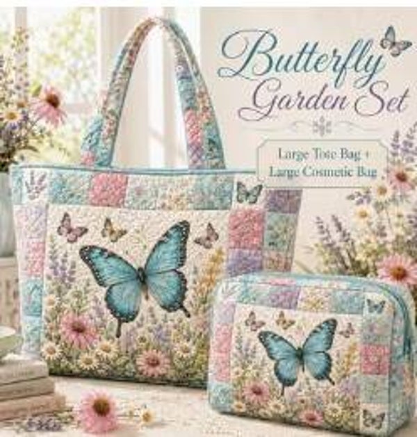2 Pc Teal Butterfly Tote Set
