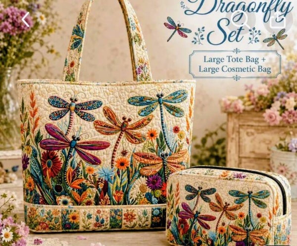 2 Pc Quilted Dragonfly Tote set
