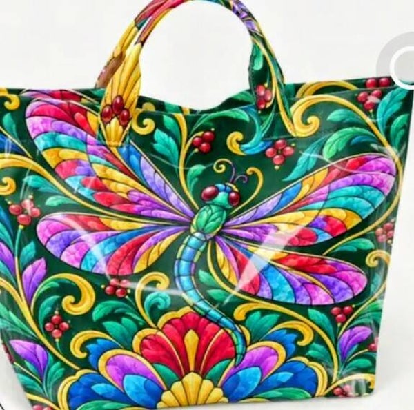 Green Multi colored Dragonfly tote