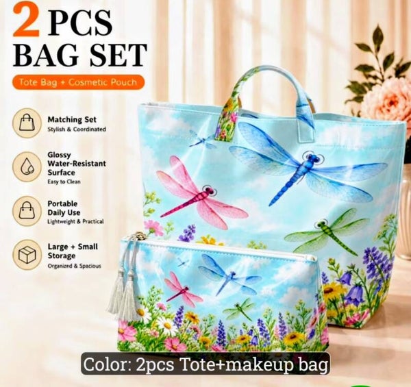 2 Pc Watercolor Dragonfly Tote Set
