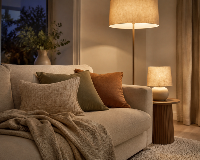 Beiges Sofa mit Kissen und Strickdecke bei gemütlicher Beleuchtung durch mehrere Lampen