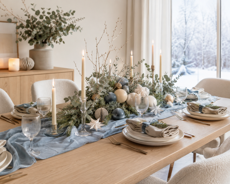 Moderne Weihnachtstafel mit staubblauem Leinen, cremefarbenem Geschirr, Kerzen, Tannengrün und natürlichen Zweigen
