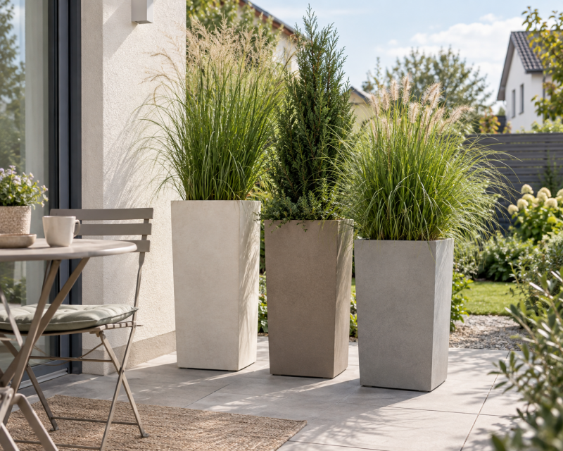 Hohe Pflanzkübel mit Ziergräsern als flexibler Sichtschutz auf einer kleinen Terrasse