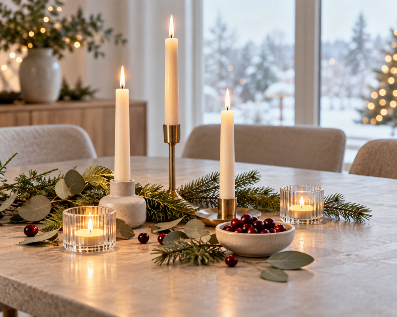 Weihnachtstisch mit cremefarbenen Stabkerzen, Glas Teelichtern, Tannengrün, Eukalyptus und roten Beeren vor einem winterlichen Fenster.