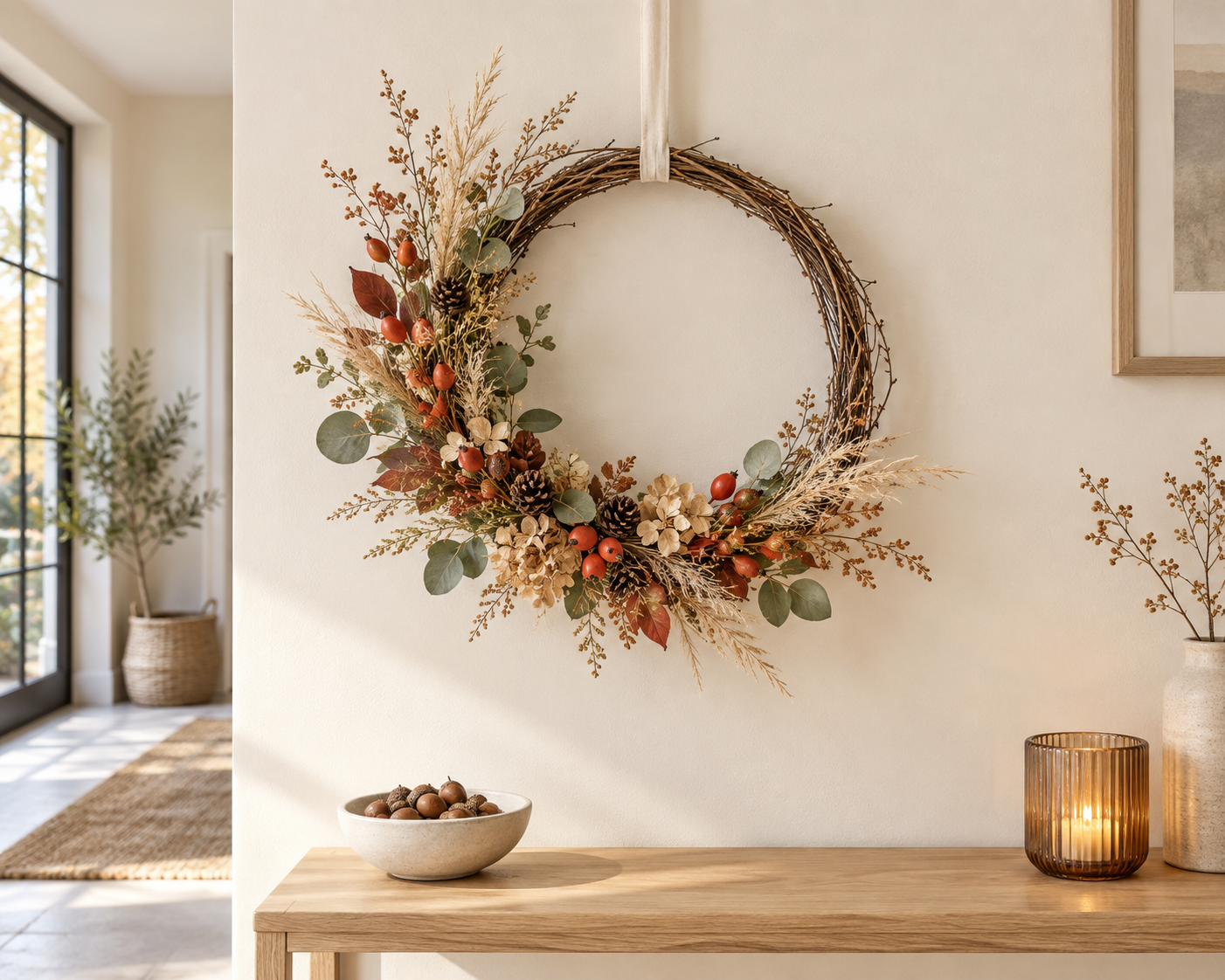 Moderner Herbstkranz aus Zweigen, Gräsern, Hagebutten und kleinen Zapfen