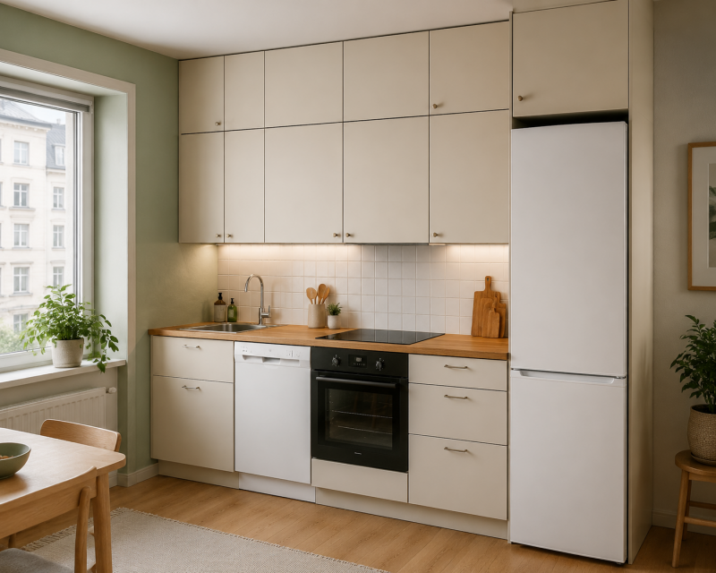 Kompakte Küchenzeile mit Elektrogeräten und Schränken bis unter die Decke
