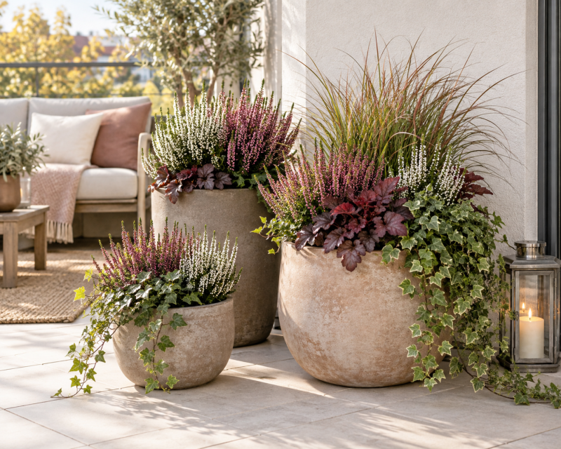 Moderne Herbstbepflanzung für Balkon und Terrasse mit Heide, Purpurglöckchen, Ziergras und Efeu