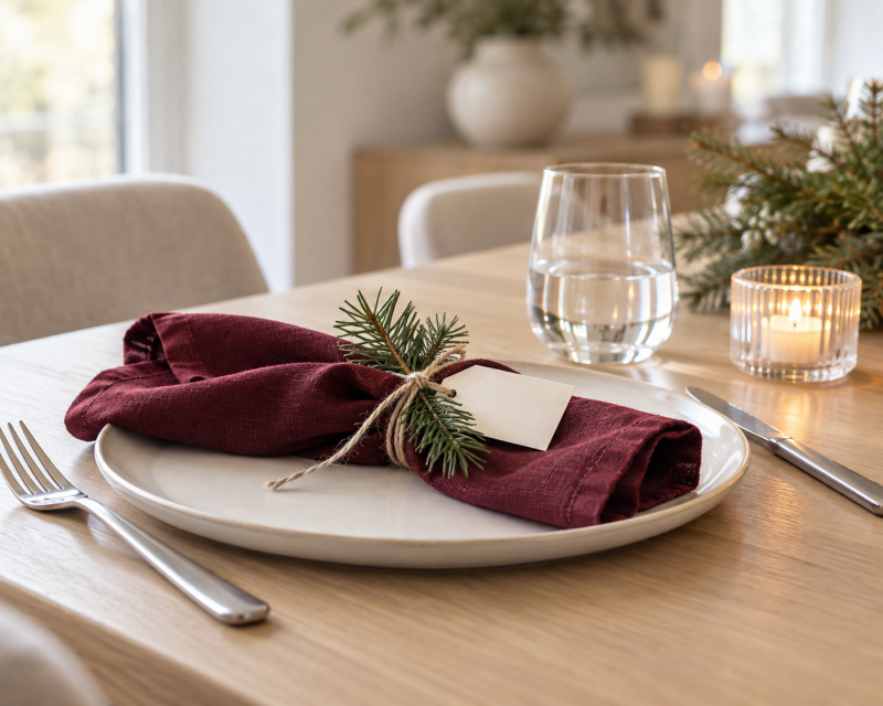 Weihnachtliches Gedeck mit cremefarbenem Teller, bordeauxfarbener Stoffserviette, Tannenzweig, Platzkarte und Kerzenlicht.