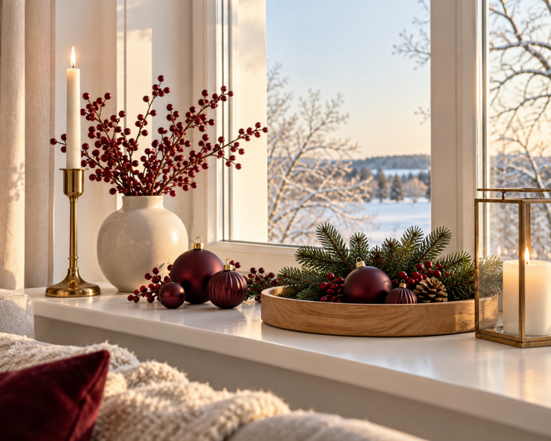 Elegante Weihnachtsfensterbank mit burgunderroten Kugeln und Beerenzweigen, Tannengrün, Holztablett sowie goldenen Kerzenhaltern vor winterlichem Fenster.