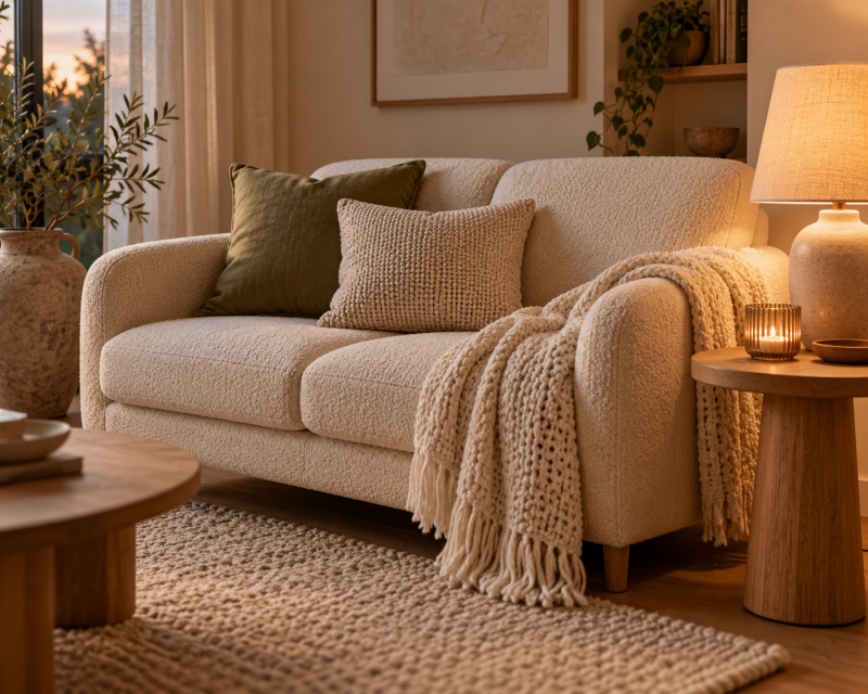 Gemütliches kleines Sofa mit olivgrünem Kissen, Strickdecke, warmem Lampenlicht und kleinem Beistelltisch.