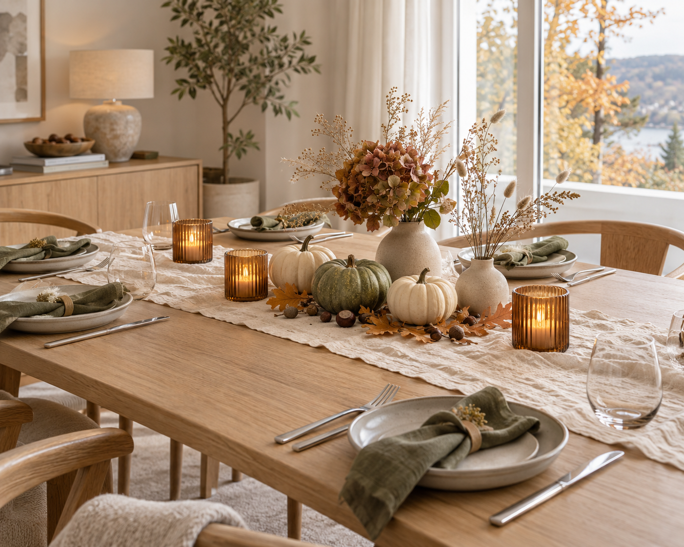 Herbstliche Tischdeko mit Kürbissen, Naturmaterialien und warmen Windlichtern selber machen