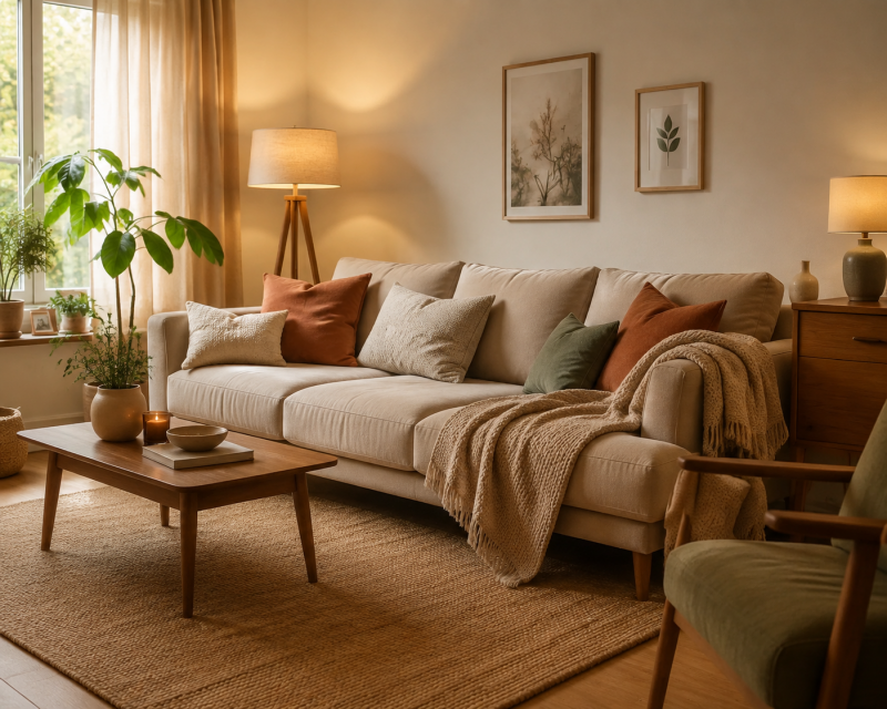 Gemütlich gestaltetes Wohnzimmer mit warmem Licht, beigefarbenem Sofa, Teppich und natürlichen Materialien