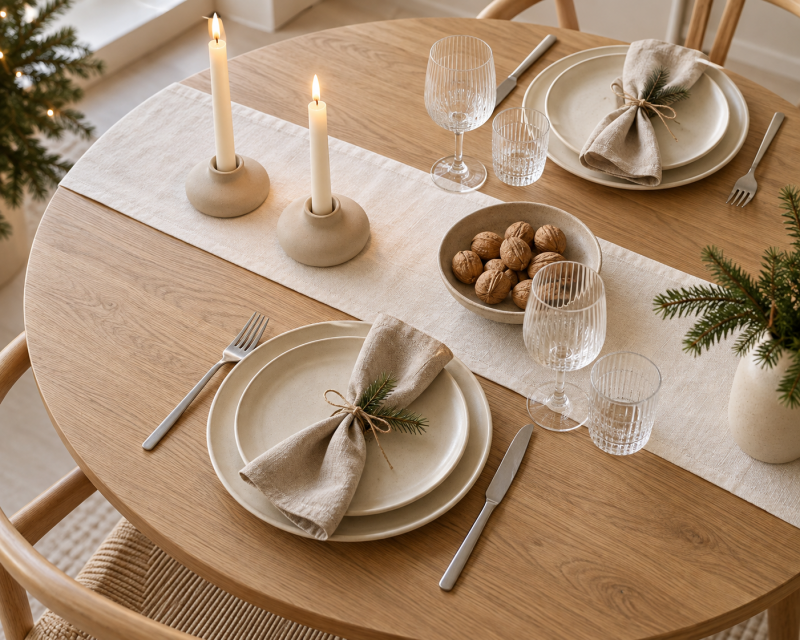 Runde Weihnachtstafel aus hellem Holz mit cremefarbenem Geschirr, Leinenservietten, Kerzen, Tannenzweigen und Nüssen.