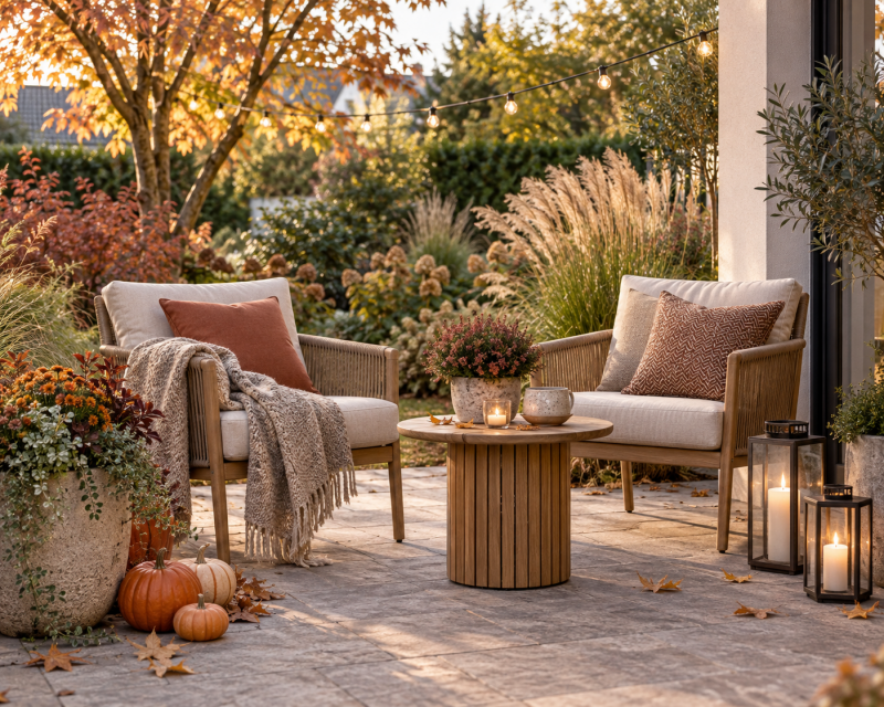 Gemütliche Sitzecke im herbstlichen Garten mit Kissen, Decke und Laternen