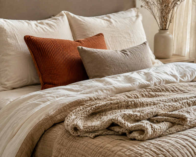 Herbstliches Bett im gemütlichen Lagenlook mit Kissen und Strickdecke