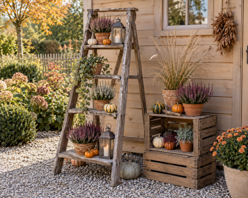 Herbstliche Gartendeko mit alter Holzleiter, Holzkisten, Pflanzen und Kürbissen