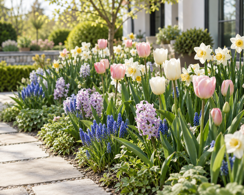 Modern gestaltetes Frühlingsbeet mit rosafarbenen und weißen Tulpen, Narzissen, Hyazinthen und blauen Traubenhyazinthen entlang eines Gartenwegs.