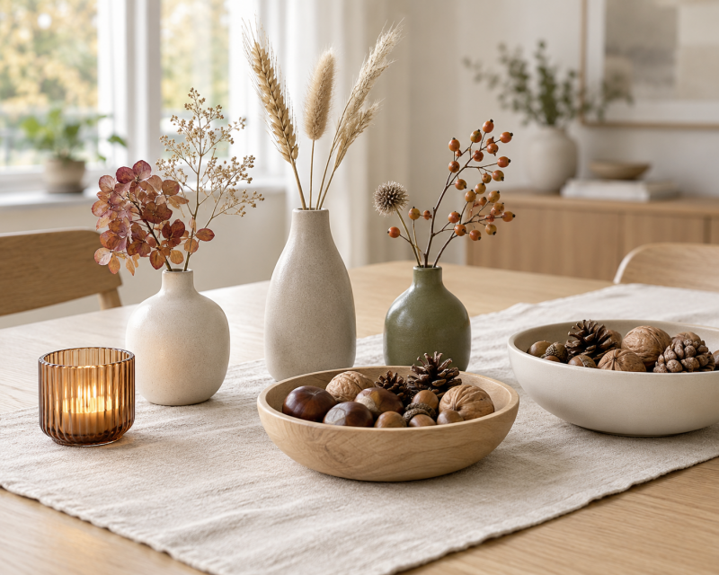 Moderne Herbstdeko mit kleinen Vasen, getrockneten Gräsern und Schalen mit Kastanien, Eicheln, Walnüssen und Zapfen.